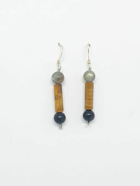 Boucles d&#39;oreilles Labradorite, œil de tigre (cylindre) &amp; tourmaline noire 6 mm