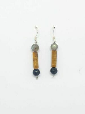 Boucles d&#39;oreilles Labradorite, œil de tigre (cylindre) &amp; tourmaline noire 6 mm