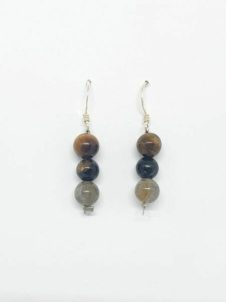 Boucles d&#39;oreilles Labradorite, œil de tigre &amp; tourmaline noire 6 mm