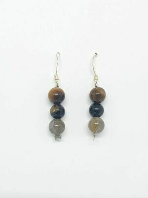 Boucles d&#39;oreilles Labradorite, œil de tigre &amp; tourmaline noire 6 mm