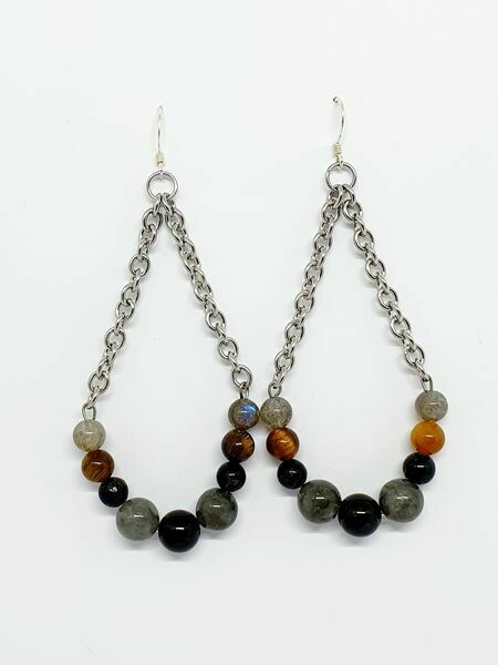 Boucles d&#39;oreilles Labradorite, œil de tigre &amp; tourmaline noire 6 et 8 mm