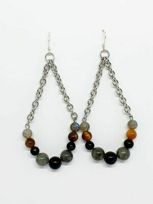 Boucles d&#39;oreilles Labradorite, œil de tigre &amp; tourmaline noire 6 et 8 mm