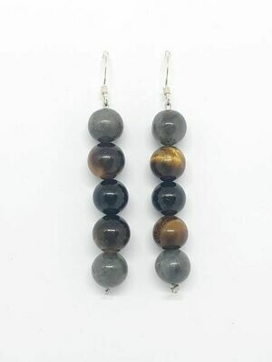 Boucles d'oreilles Labradorite, œil de tigre &amp; tourmaline noire 8 mm