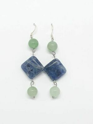 Boucles d'oreilles sodalite (losanges 16x16mm) et aventurine verte 8 mm