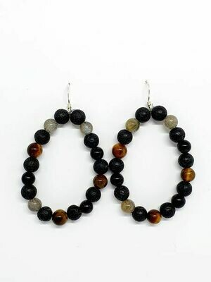 Boucles d'oreilles Labradorite, œil de tigre &amp; tourmaline noire 8 mm