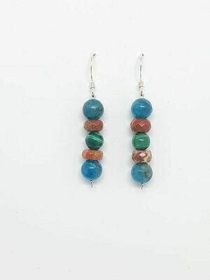 Boucles d'oreilles Apatite bleu, Malachite et Jaspe rouge