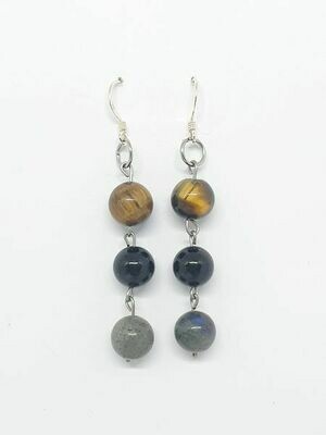 Boucles d'oreilles Labradorite, œil de tigre &amp; tourmaline noire 8 mm