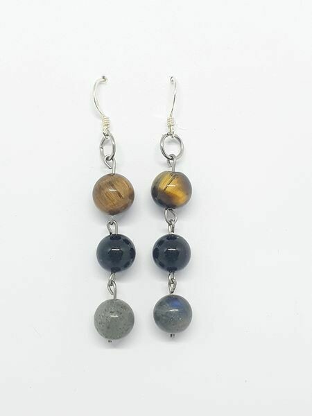 Boucles d&#39;oreilles Labradorite, œil de tigre &amp; tourmaline noire 8 mm