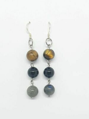 Boucles d&#39;oreilles Labradorite, œil de tigre &amp; tourmaline noire 8 mm