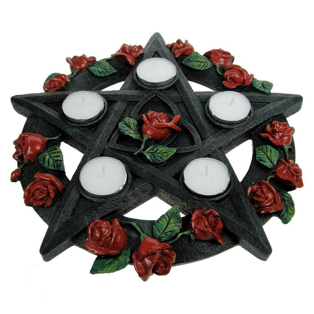 Bougeoir pentacle et roses 29.5 cm