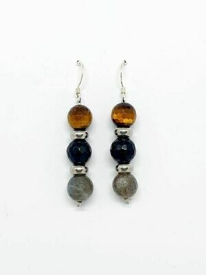 Boucles d'oreilles œil de tigre, tourmaline et labradorite facettées, 8 mm