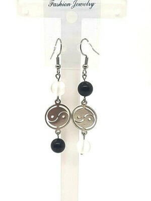 Boucles d'oreilles Yin Yang Tourmaline et cristal de roche mat, 8 mm