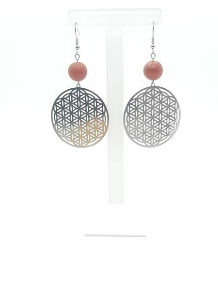 Boucles d&#39;oreilles Fleur de vie et Jaspe rouge mat, 12 mm