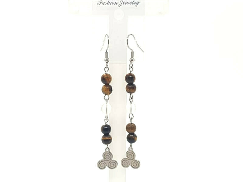 Boucles d&#39;oreilles œil de tigre facetté et cristal de roche, 6 mm
