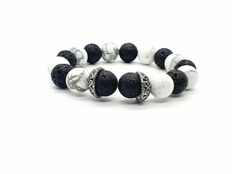 Bracelet Howlite et pierre de lave, 12 mm