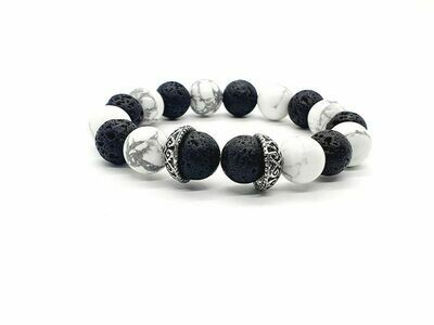 Bracelet Howlite et pierre de lave, 12 mm