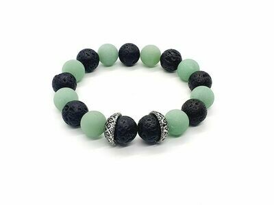 Bracelet Aventurine verte mate et pierre de lave, 12 mm