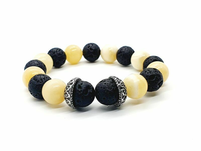 Bracelet calcite jaune et pierre de lave, 12 mm