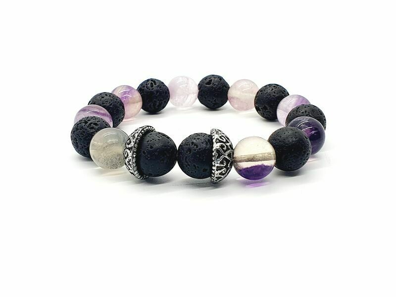 Bracelet Fluorite et pierre de lave, 12 mm
