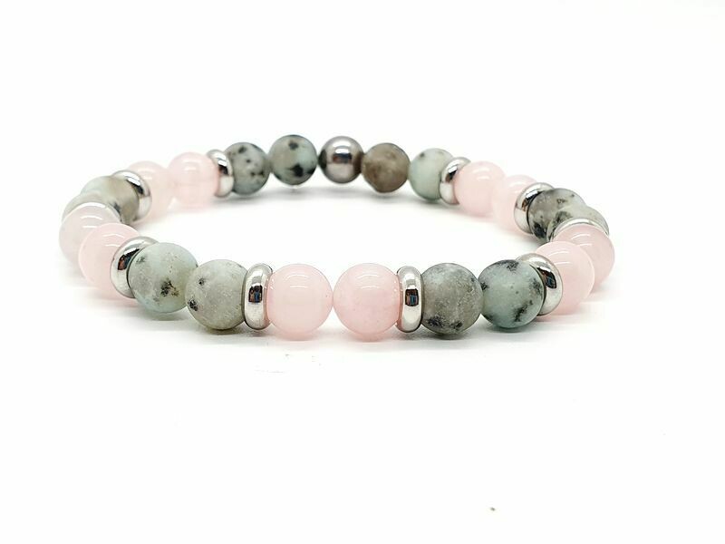 Bracelet Jaspe kiwi mat et Quartz rose, 8 mm