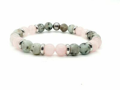 Bracelet Jaspe kiwi mat et Quartz rose, 8 mm