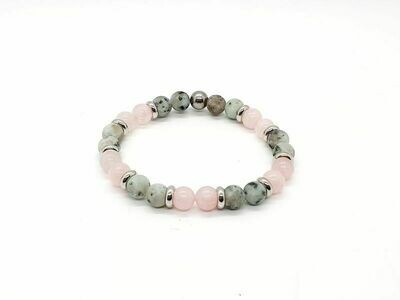 Bracelet Jaspe kiwi mat et Quartz rose, 8 mm