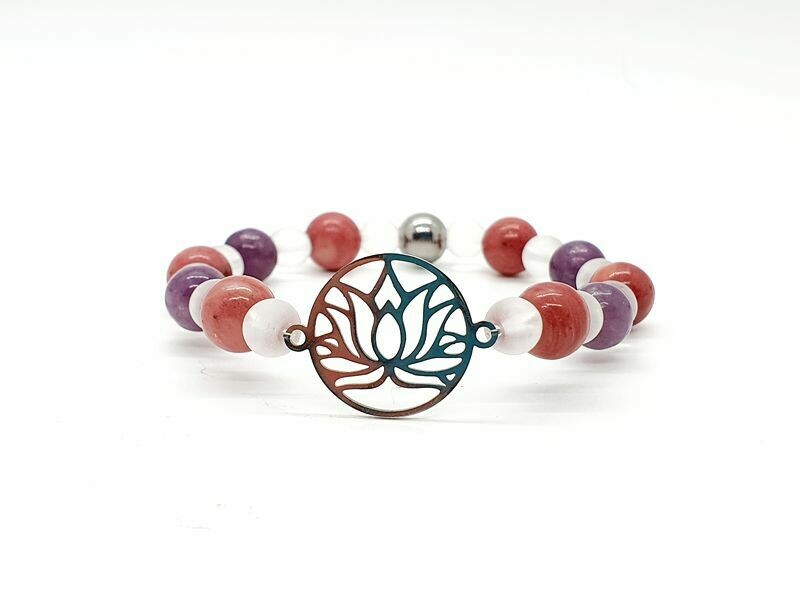 Bracelet Rhodonite, lépidolite et cristal de roche mat, 6-8 mm