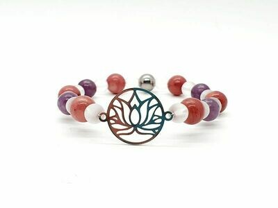 Bracelet Rhodonite, lépidolite et cristal de roche mat, 6-8 mm