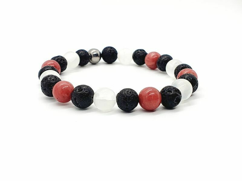 Bracelet Sélénite, Rhodonite et pierre de lave, 8 mm
