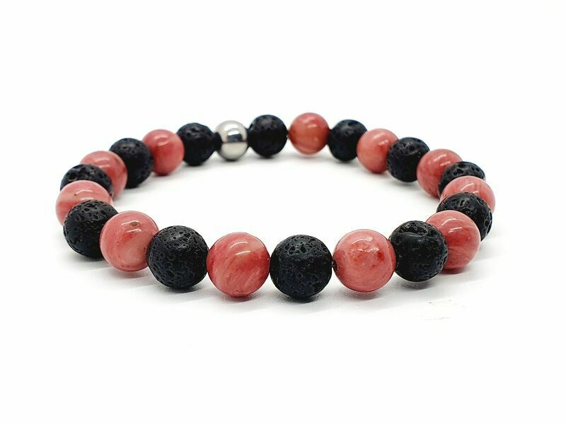 Bracelet Rhodonite et pierre de lave, 8 mm