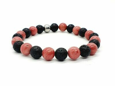 Bracelet Rhodonite et pierre de lave, 8 mm