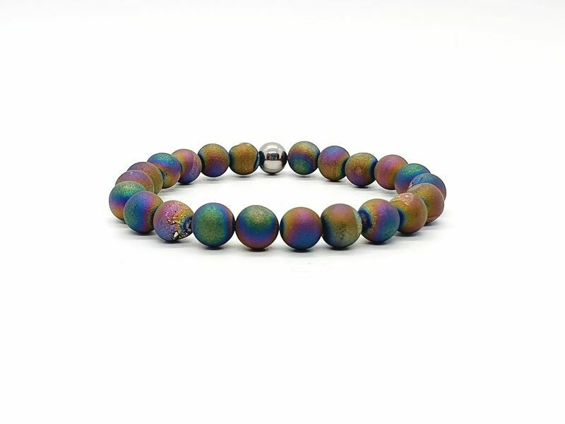 Bracelet Agate argent vaporisée Arc-en-ciel, 8 mm