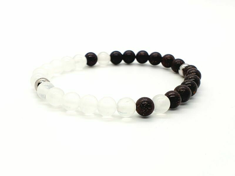 Bracelet Sélénite et Mala palissandre noir-acajou, 6 mm