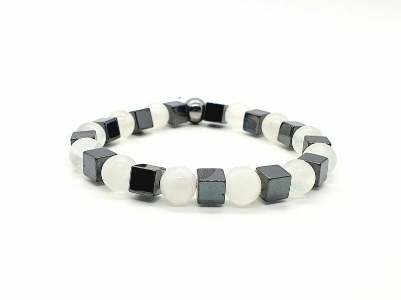 Bracelet Sélénite 8 mm et Hématite cube 6x6 cm
