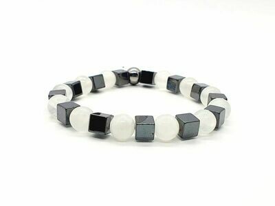 Bracelet Sélénite 8 mm et Hématite cube 6x6 cm