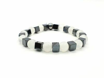 Bracelet Sélénite 8 mm et Hématite cube 6x6 cm