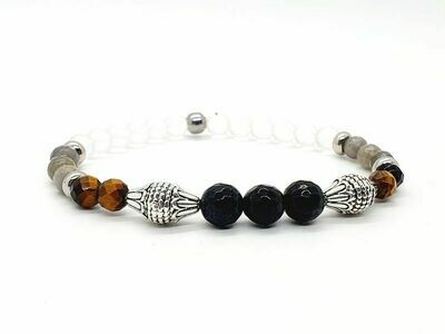 Bracelet Tourmaline 8 mm œil de tigre et labradorite facetté 6 mm