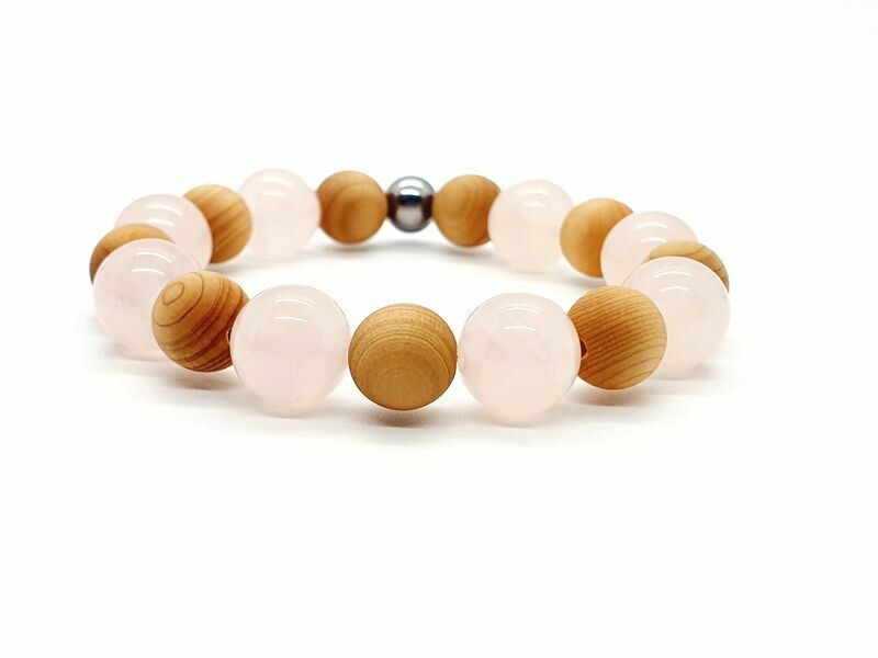 Bracelet Quartz rose 12 mm et Cèdre 10 mm