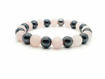 Bracelet Hématite et Quartz Rose, 8 mm