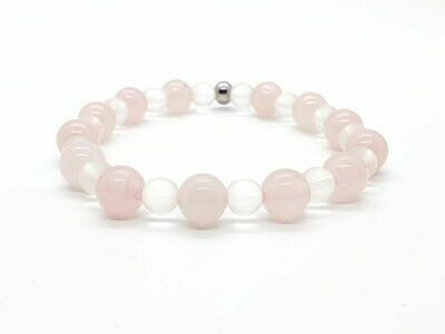 Bracelet Quartz rose 8 mm et cristal de roche mat 6 mm