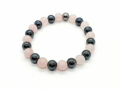 Bracelet Hématite et Quartz Rose, 8 mm