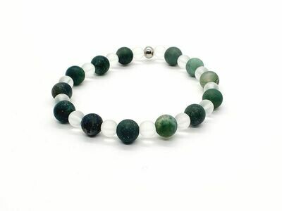 Bracelet Agate mousse mate 8 mm et cristal de roche mat 6 mm