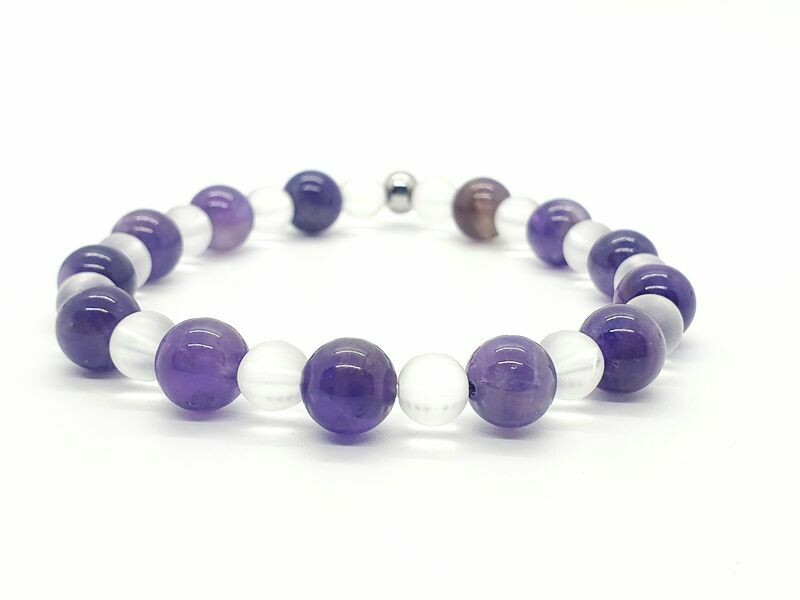 Bracelet Améthyste 8 mm et cristal de roche 6 mm