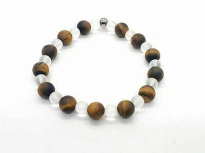 Bracelet Oeil de tigre mat 8 mm et cristal de roche mat 6 mm