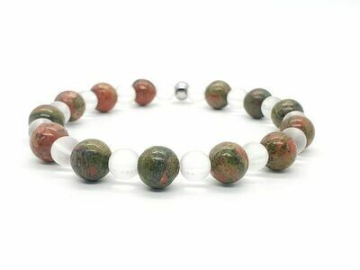 Bracelet Unakite 8 mm et cristal de roche mat 6 mm