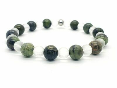 Bracelet Chrysoprase 8 mm, et Cristal de roche mat 6 mm