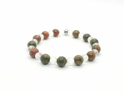 Bracelet Unakite 8 mm et cristal de roche mat 6 mm