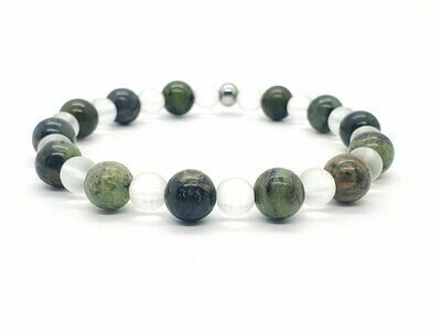 Bracelet Chrysoprase 8 mm, et Cristal de roche mat 6 mm