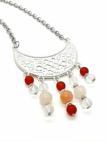 Collier cornaline, quartz pêche et cristal de roche mat, 6 mm