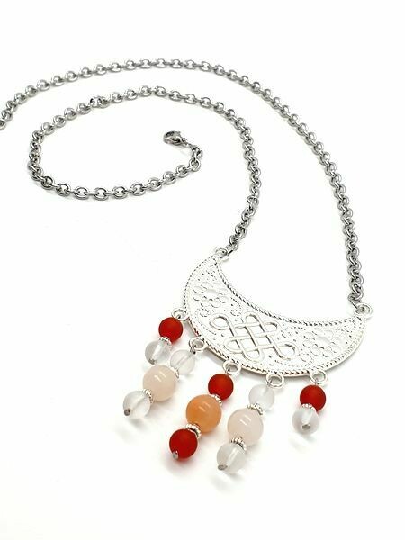 Collier cornaline, quartz pêche et cristal de roche mat, 6 mm